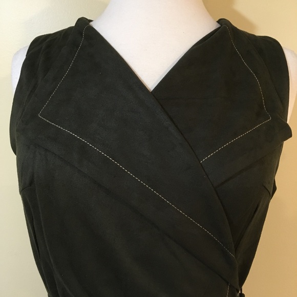 Deep Olive Sueded Sleeveless Midi Duster Vest - Picture 4 of 6